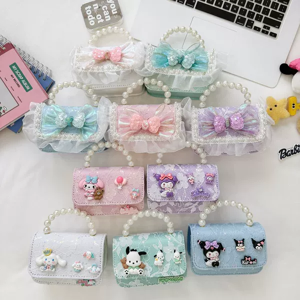 New Style Children's Crossbody Bag for Girls, Fashionable Kindergarten Lace Bow Dress with Matching Bag, Cute Cartoon Design