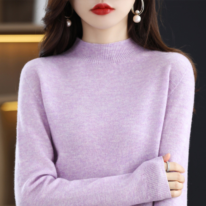 Ropa de primera línea medio cuello alto 100 suéter de lana pura suéter de color sólido de las mujeres camisa de fondo de punto del todo fósforo