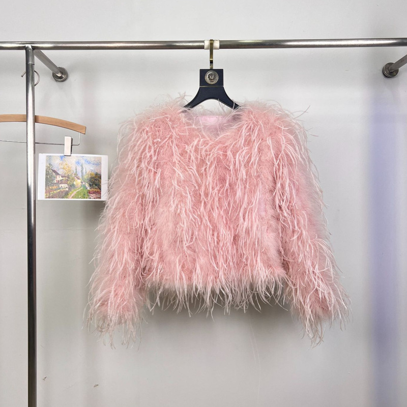 Korean Style High-End Fashion Ostrich Feather Turkey Fur Outwear Women's Autumn and Winter New Short Lady Style Yls004