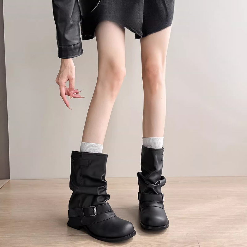 2026 Autumn and Winter New Thick-Soled Height-Increasing Boots Factory Black Slouch Boots Mid-Calf Short Boots Western Martin Boots 2026 Autumn and Winter New Thick-Soled Height-Increasing Boots Factory Black Slouch Boots Mid-Calf Short Boots Western Martin Boots