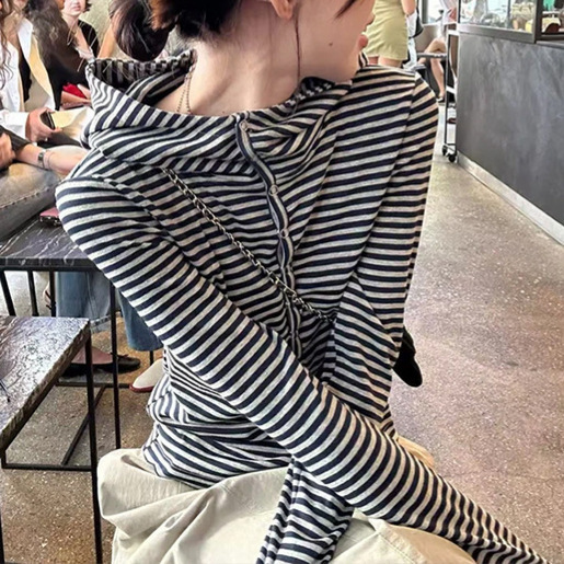 韩系chic别致条纹连帽长袖T恤女早秋内搭小个子独特绝美打底上衣|undefined