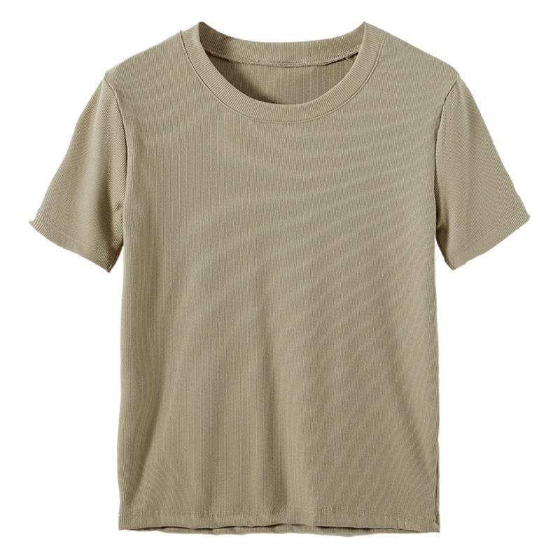 Selección estricta verano estilo coreano roscado Algodón color sólido hombro manga corta Camiseta de mujer suelta estilo simple parte superior de fondo image 1