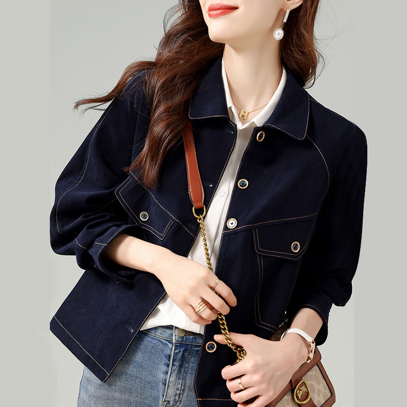 Fashion Retro Navy Blue Denim Jacket for Women 2026 Spring New Versatile Slim-Fit Short Jacket 6203