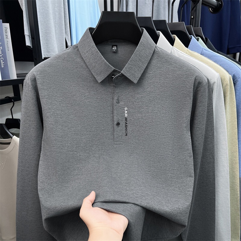 Men's long-sleeve t-shirt with collar, spring and autumn POLO shirt, casual men's clothing, loose fit, letter print, base shirt top