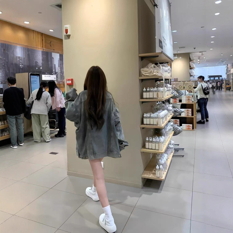 美式复古水洗蓝牛仔外套女生秋季新款宽松慵懒夹克翻领休闲上衣潮|undefined