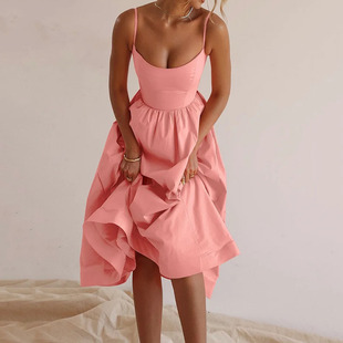 European and American Clothing 2025 Export Spring and Summer New Product Pure Color Sexy U-Neck Waist Pleated Suspender Dress