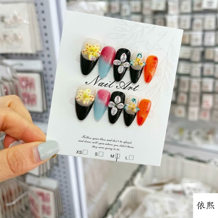 New cross-border French-style polka dot 3D embossed floral almond press-on nails, brightening and removable nail patches wholesale