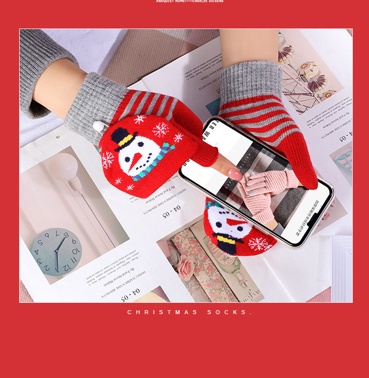 Christmas half finger clamshell Winter warm student handwriting men and women's thick warm cycling knitted gloves_maomaolike.com