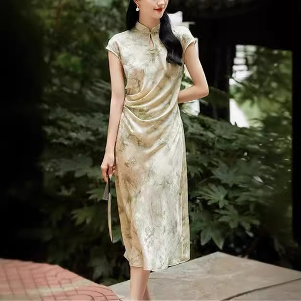 重磅真丝提花桑波缎新中式连衣裙2024夏季新品优雅气质立领旗袍裙
