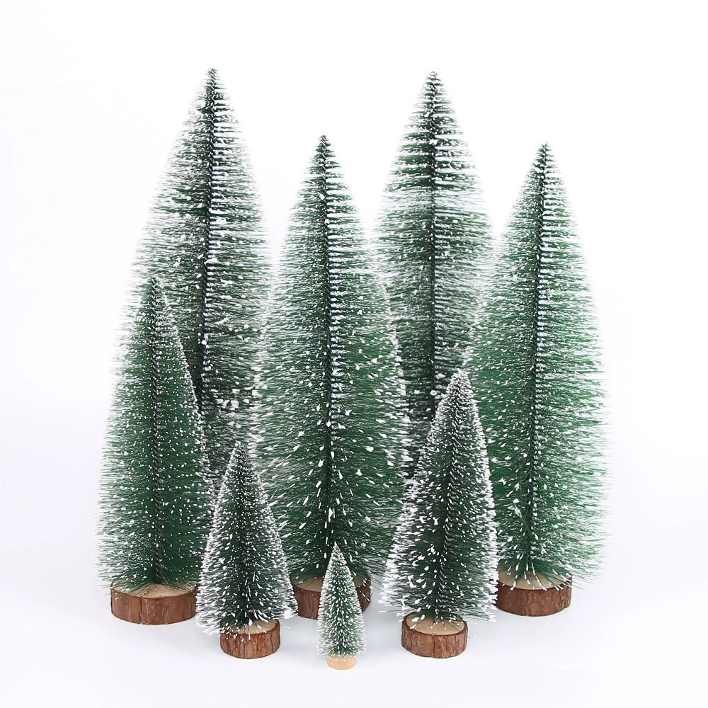 Mini tabletop Christmas tree, snow‑dipped tips, natural wood base, heights 10–40 cm