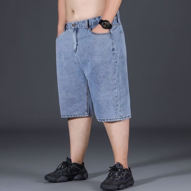 Summer Plus-Size Men's Denim Shorts, Loose Trendy Five-Point Shorts for Men, Extra-Large High-Waisted Shorts for Big Guys