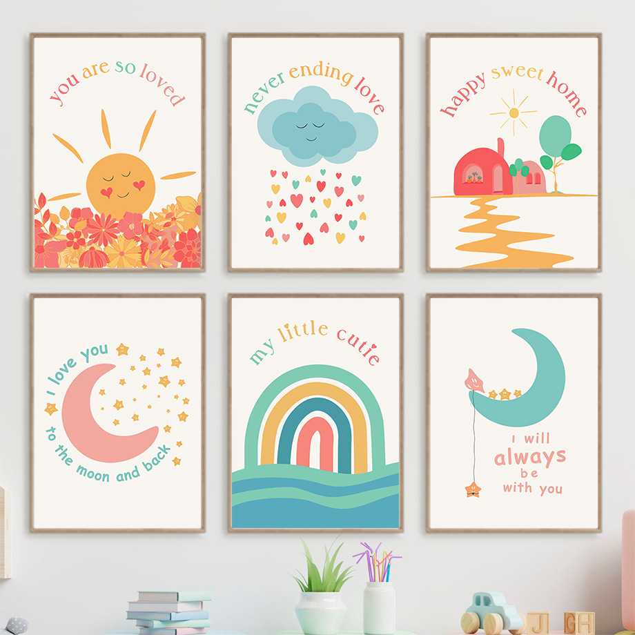 Modernes minimalistisches Kinderzimmer-Cartoon-Leinwandbild mit inspirierenden Zitaten zu Sonne, Mond und Regenbogen – ideal für Babyzimmer._voghion.com