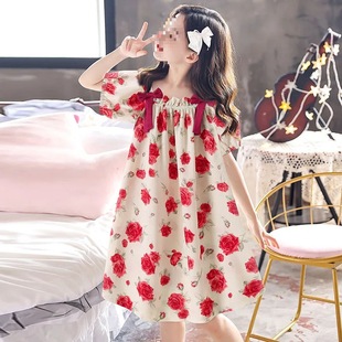 Summer Girls' Ice Silk Nightgown Short-Sleeved Home Clothes Girls Sweet Princess Style Little Girls Middle and Large Children's Dresses