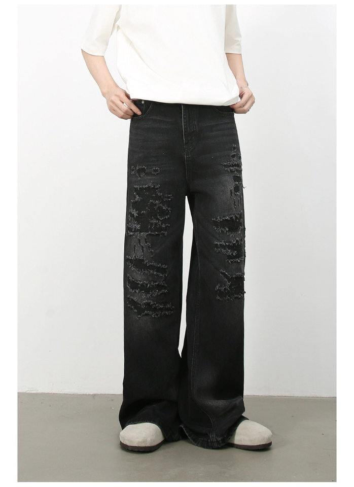 Quần jean nam ống rộng denim rách giặt cũ phong cách đường phố — Màu xanh lam, Đen xám chi tiết 17