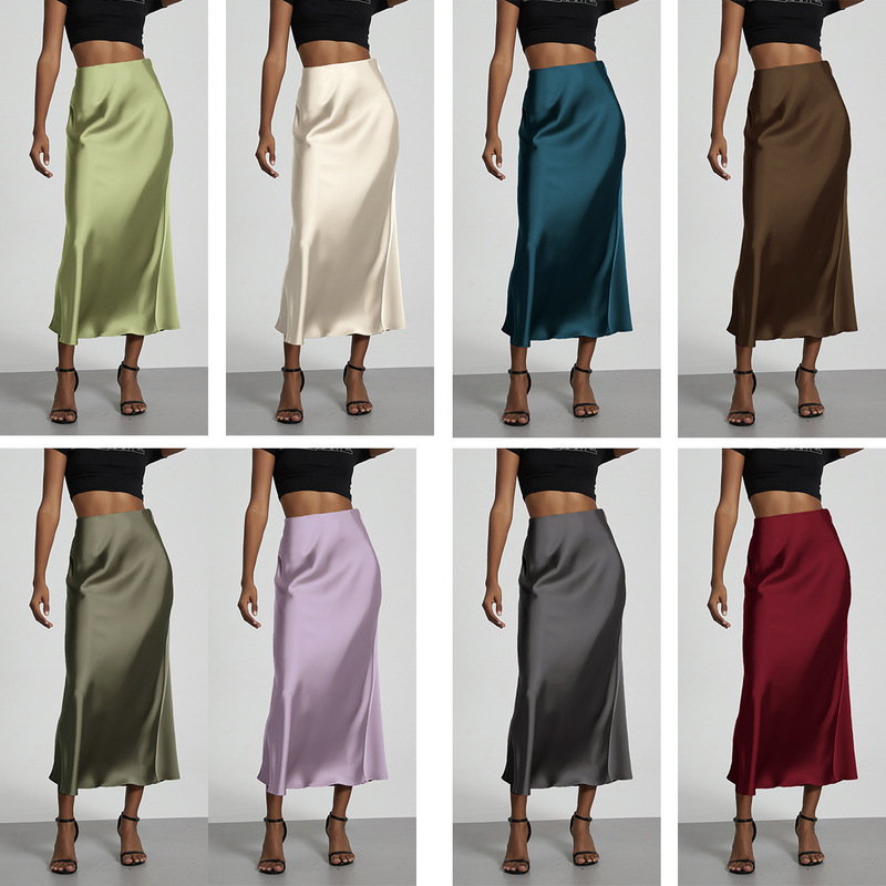 In-Stock Cross-Border Women's Clothing Wholesale, European and American Style, Elegant and High-Quality Satin Skirt, Slimming and Flowy Mid-Length Skirt