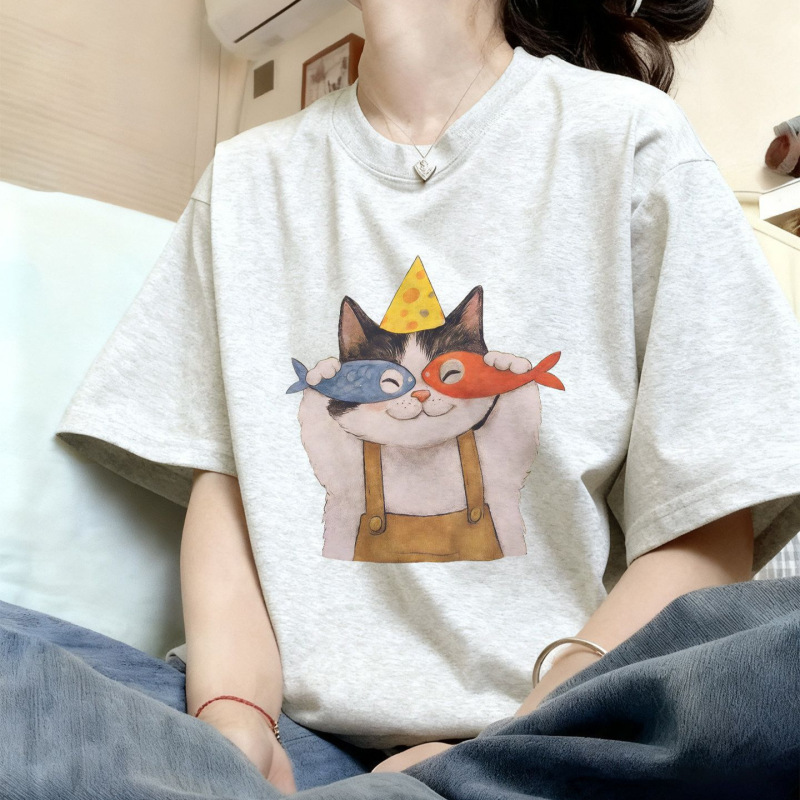 Pure Cotton White-Gray Short-Sleeved T-Shirt for Women, Cross-Border New Style, Fashionable Summer Top, Loose Large Size T-Shirt with Print