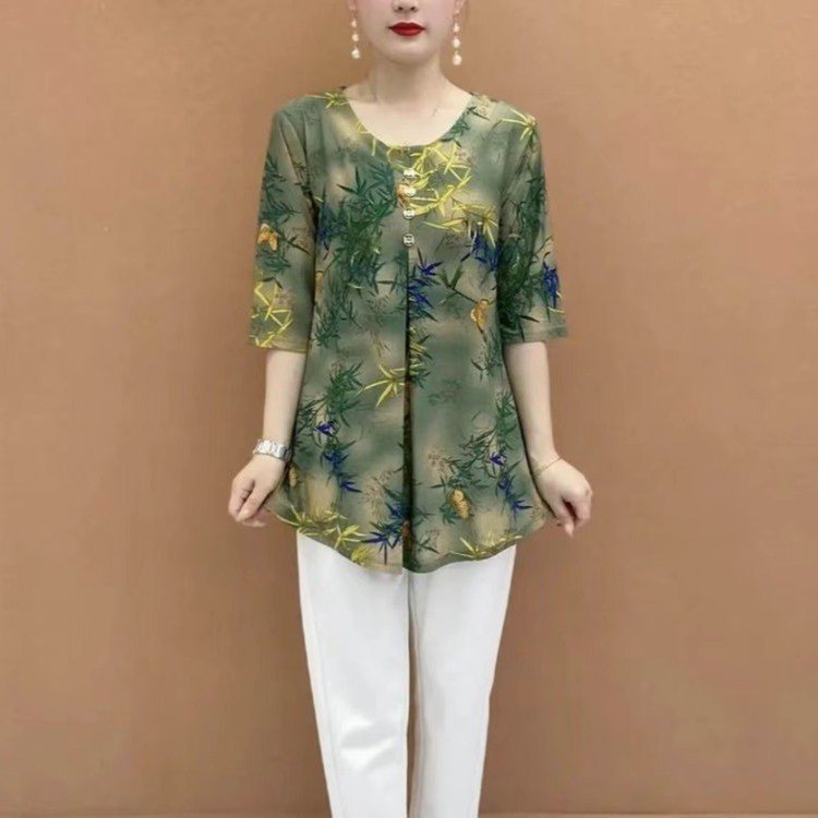 2024夏季新款印花圆领大码妈妈装打底T恤小衫七分袖薄款上衣