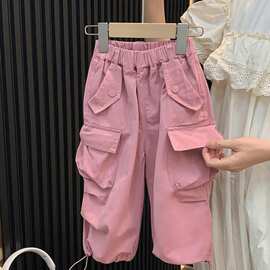 裤子洋气百搭时髦宽女童工装裤新款秋季松韩版童直筒裤潮款粉色无