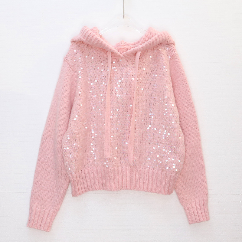 Women's Clothing light luxury sequined hooded sweater autumn and winter high end temperament versatile warm long sleeved knitted sweater women's trend_voghion.com