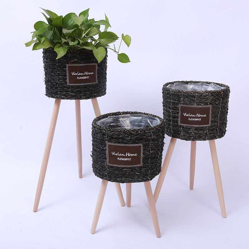 Piso de La Flor soporte de madera pierna piso flor soporte tejida flor olla sala de estar balcón decoración flor cesta paja tejido piso soporte