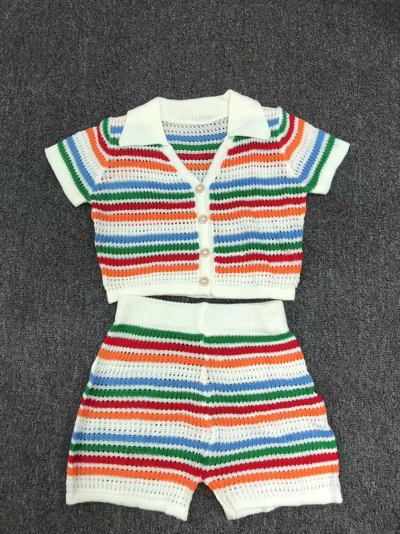 420g Weight Short Sleeve Sleeve Length Polyester Fabric Type Street Women's Casual Sexy Stripe Polyester Hollow Out Shorts Co-ord Set Shorts Sets