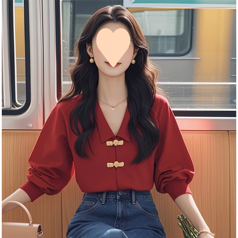 새로운 중국 스타일 국가 스타일 버클 레드 긴 소매 셔츠 프라이드 스트리트 슬림 가을 틈새 아름다운 독특한 탑