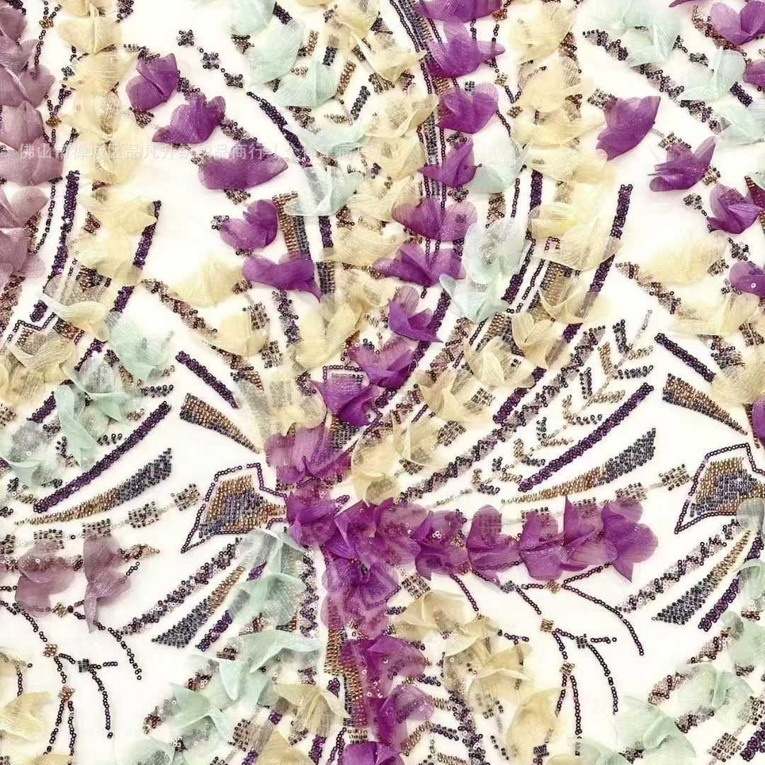 Multicolor decalco tridimensional bordado tela flor pluma tela tela de malla alta fijación vestido de boda vestido de tela image 3