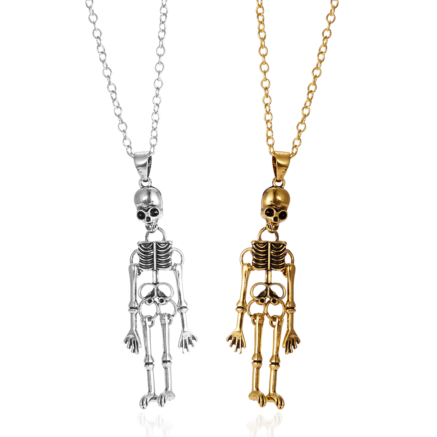 Collana con ciondolo di coppia in stile dark per Halloween, con teschio umano e fantasma che tiene la mano_voghion.com