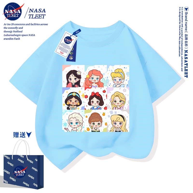 NASA совместно брендированная летняя одежда для мальчиков и девочек, принт Снежная Белоснежка, новый стиль, модная базовая футболка для учащихся начальной и средней школы