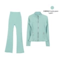 Stand Collar Crystal Green Gold Flared Suit