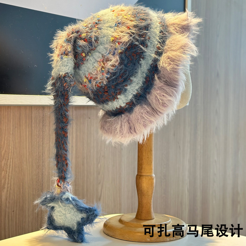 2025新款多巴胺拼色毛绒帽子女秋冬保暖甜美星星可扎马尾包头帽|undefined