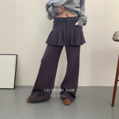CXI 小众设计宽松叠穿阔腿裤拖地假两件休闲百褶半身裙长裤裙裤女