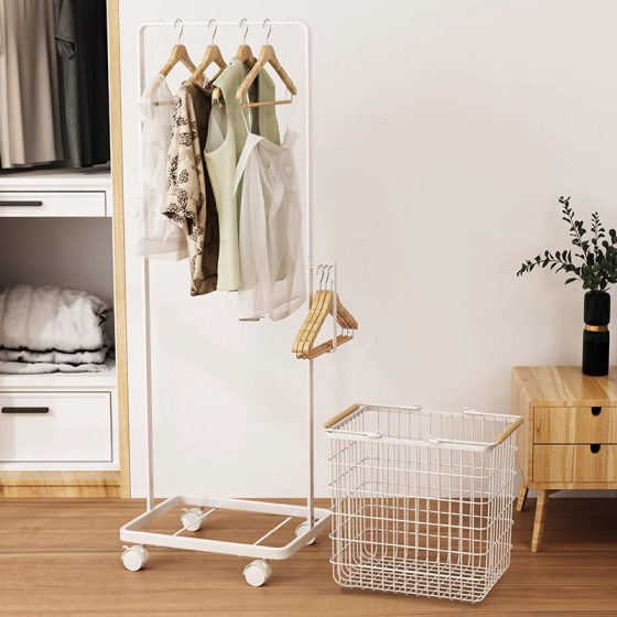Drying Rack Floor with Storage Basket Indoor Simple Single Rod Coat Rack Balcony Household Drying Rack Bedroom Hanger
