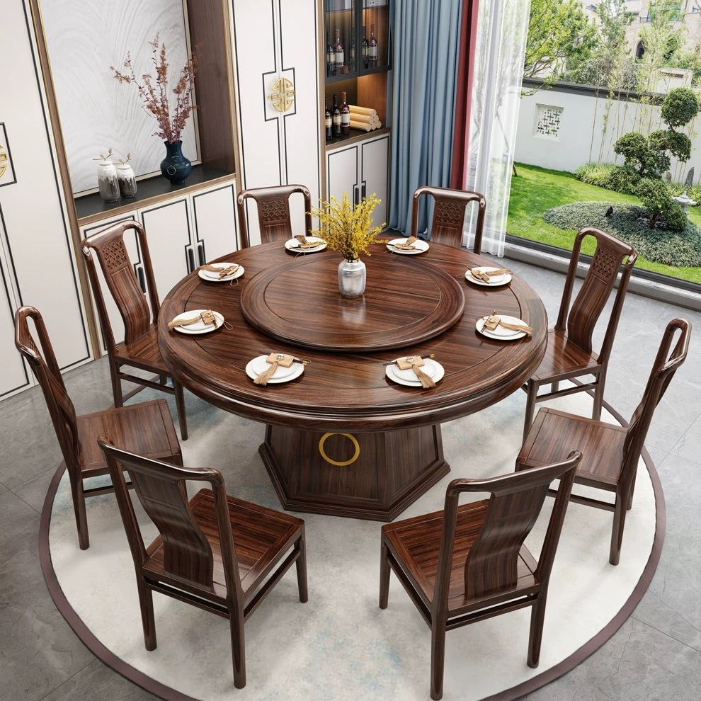 New Chinese Style Ebony Solid Wood Dining Table and Chair Round Table Combination with Turntable for Large and Small Sizes Home Restaurant High-End Dining Table