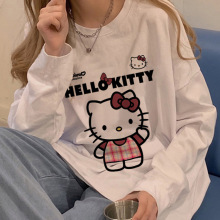 纯棉可爱Kitty猫印花长袖上衣女t恤春秋初中高中生宽松内搭打底衫