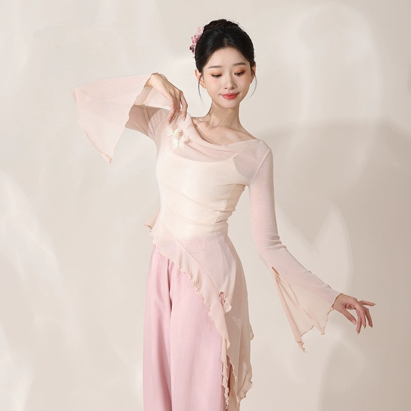Fairy-Style Flutter Collar Practice Outfit Classical Dance Costume Elegant Gauze Butterfly Chinese Mesh Long-Sleeve Top for Women Modern Dance