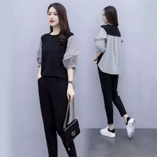 大码设计感女装夏新款胖妹妹宽松上衣休闲裤子显瘦遮肚条纹两件套
