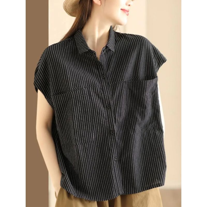 Artistic Lapel Sleeveless Shirt for Women, New Summer Fashion, Solid Color, Thin Cotton-Linen Cardigan Top, Loose Blouse