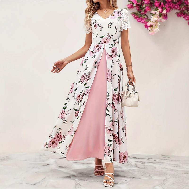 Cross-Border Aliexpress Amazon V-Neck Women's Printed Short-Sleeved Slit Long Dress Elegant Long Dress