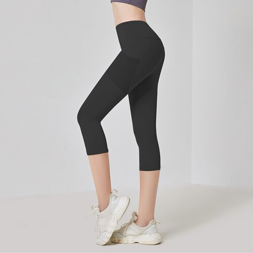 Side pocket three-quarter yoga pants for women, high-waisted gym peach butt lift fitness pants, sports tights