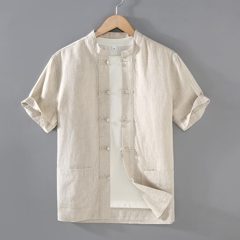 1516 Chinese Style Worsted Linen Comfortable and Breathable Summer Men's Pure Color Retro Button Short-Sleeved Shirt Loose Men's Clothing