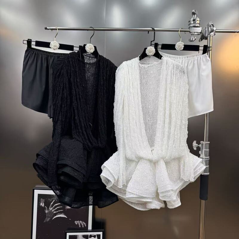 European and American Style 2026 Spring/Summer Stand-Collar Long-Sleeve Stretch Lace Top Paired with a Cross-Over Puffy Dress