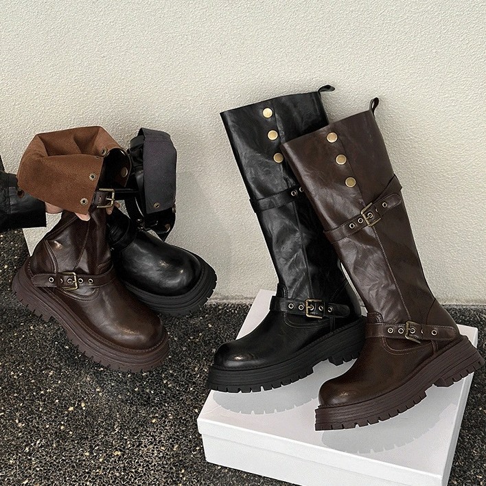 牛皮版两穿复古英伦风粗跟厚底长筒靴女冬新款长靴高筒显瘦骑士靴