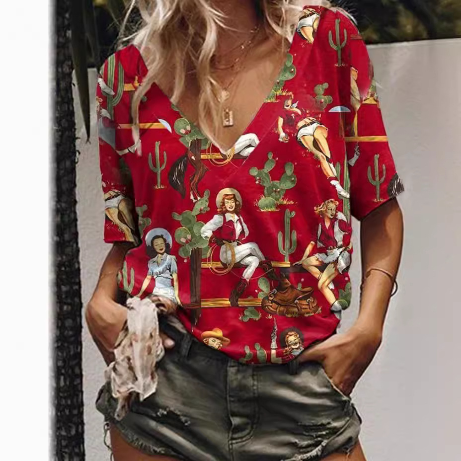 Nueva Venta caliente ropa de mujer europea y americana AliExpress Amazon Impresión digital Western Denim manga corta Camiseta con cuello en V 5260
