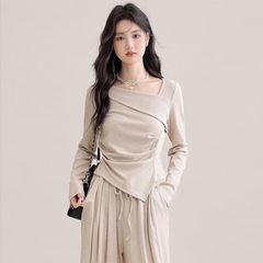 2025春秋新款不规则短款长袖打底T恤女高腰休闲裤慵懒复古两件套