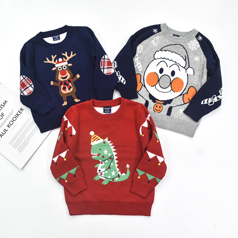 Spring, autumn and winter 2-4 years old children's sweater boys and girls sweater double layer fleece-lined cotton thread Christmas New Year dinosaur warm
