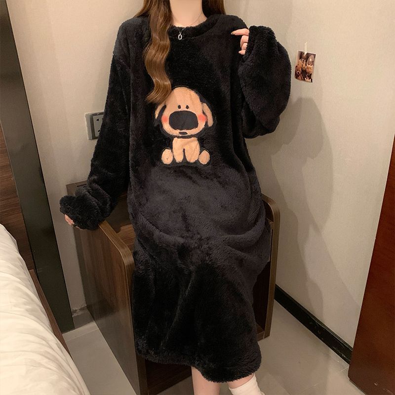 Autumn and Winter Flannel Nightgown Pullover Embroidered Pajamas Women's Mid-Length Skirt Sweet Home Wear Dress Can Be Worn Outside