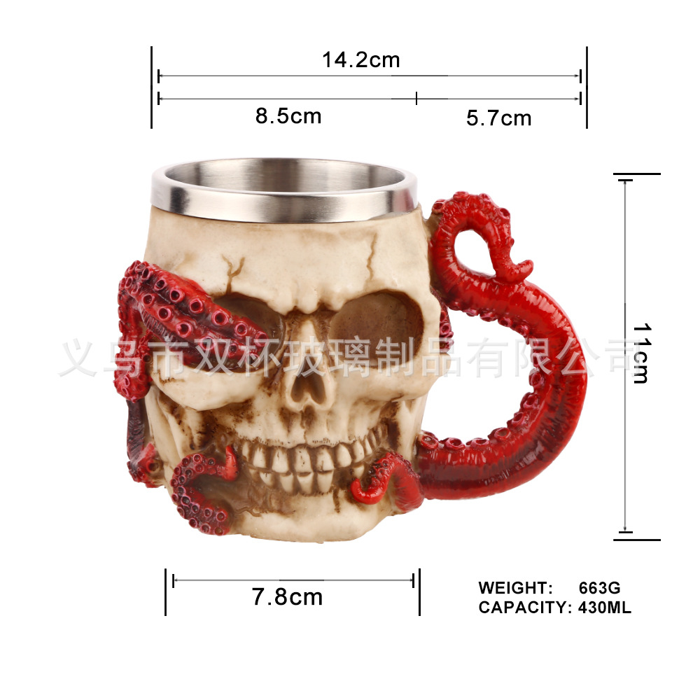 Taza de pie de pulpo rojo de Halloween transfronterizo 3D tridimensional alto pie cráneo pulpo resina de acero inoxidable copa de vino