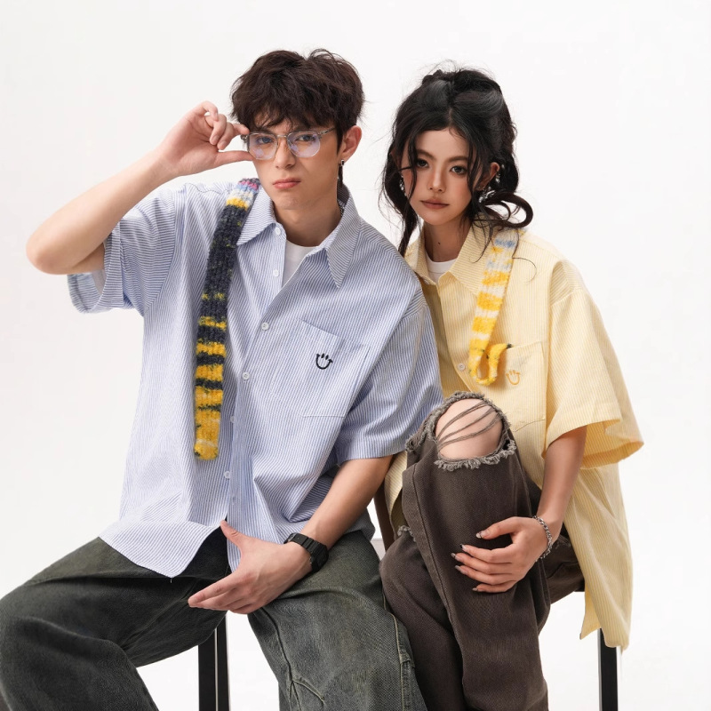 American Smiley Embroidered Short Sleeve Shirt for Men and Women Summer Loose Cuban Collar Striped Half Sleeve Shirt Casual Jacket American Smiley Embroidered Short Sleeve Shirt for Men and Women Summer Loose Cuban Collar Striped Half Sleeve Shirt Casual Jacket