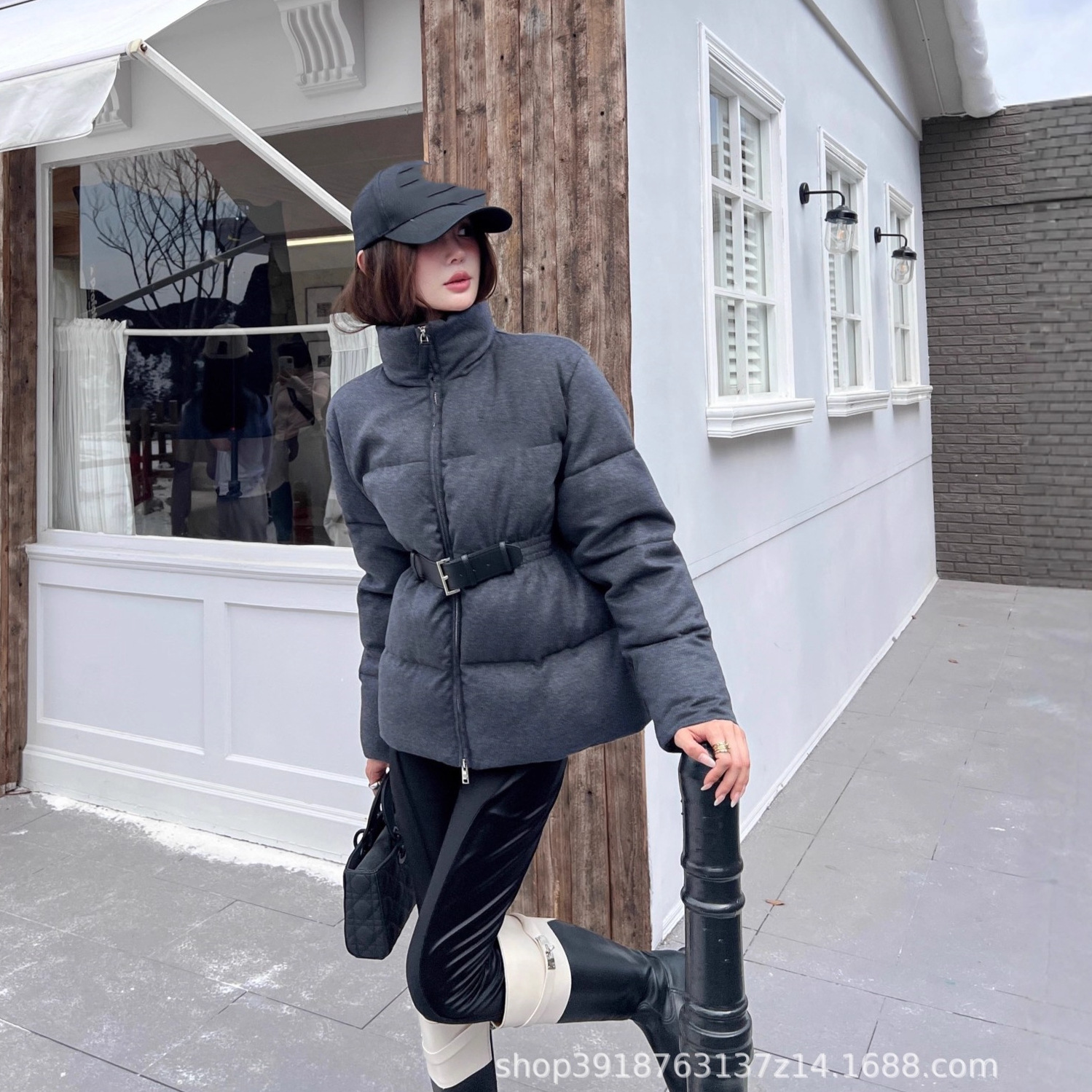 High-Quality Original P Brand New 90% Goose down Women's Triangle Logo Belt Waist-Cinching Woolen White Goose down Jacket